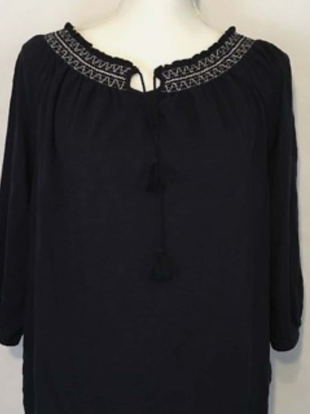 Talbots Black Embroidered Peasant Top with Tassel Tie Size XL